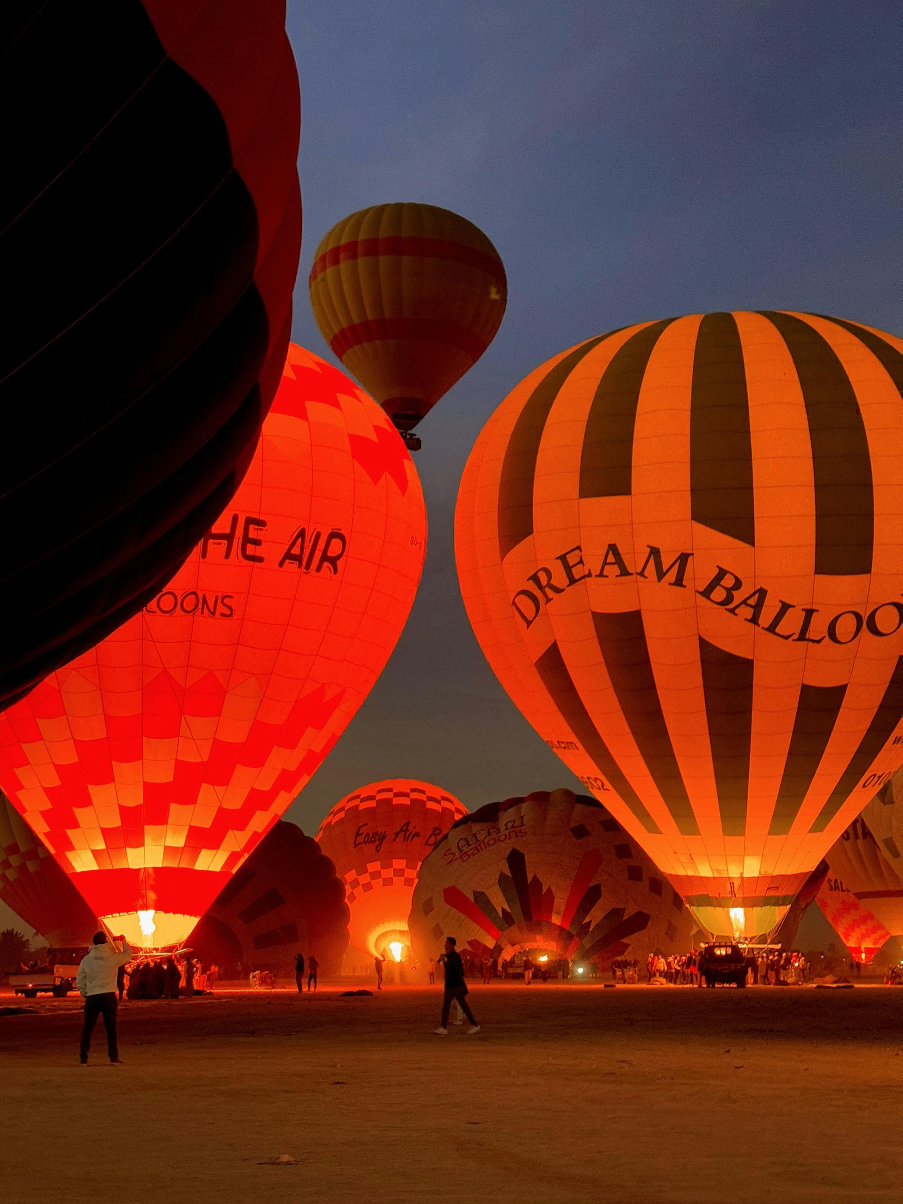 The balloons glowing on the field before dawn.
